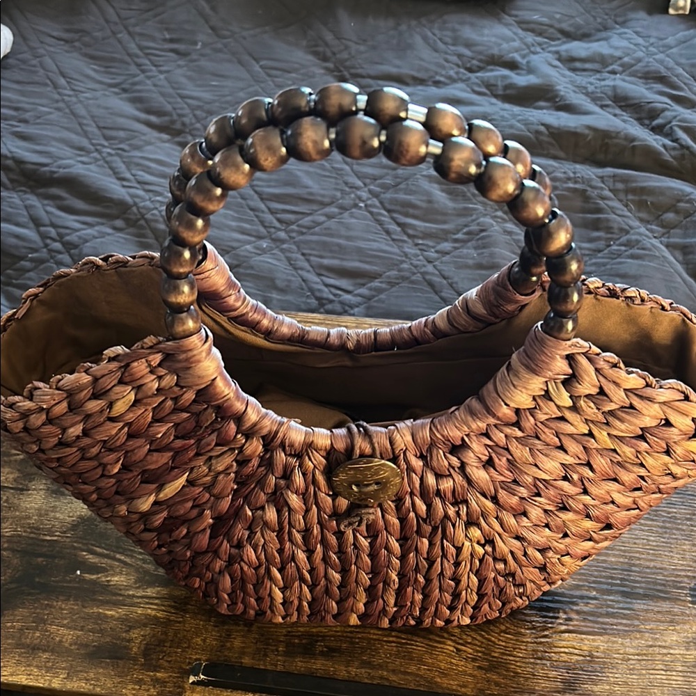Source Unknown Brown Woven Tote Bag with Beaded Handle